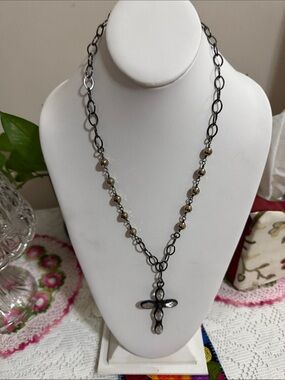 Lula n Lee Gunmetal Crystal Cross Pendant Necklace Gold Beads Women Jewelry 17”